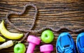 Fitness workout love , healthy fruit eating concept - Top view Royalty Free Stock Photo