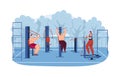 Fitness workout at sport ground, person training outdoor with gym equipment, vector illustration. Doing exercise for