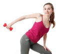 Fitness Workout. Sporty Woman Doing Bicycle Crunch Abs Exercise Lying On Floor Over Pink And Blue Neon Studio Background Royalty Free Stock Photo