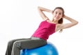 Fitness Workout. Sporty Woman Doing Bicycle Crunch Abs Exercise Lying On Floor Over Pink And Blue Neon Studio Background Royalty Free Stock Photo