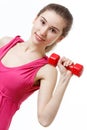 Fitness Workout. Sporty Woman Doing Bicycle Crunch Abs Exercise Lying On Floor Over Pink And Blue Neon Studio Background Royalty Free Stock Photo