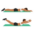 Fitness and Workout. A woman is doing sports exercises. Superman stretch. Workout for back and abs. Fitness for weight loss. Flat