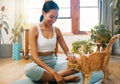 Fitness, yoga or happy woman bonding with cat or pet animal relaxing for wellness or healthy lifestyle. Smile, calm or Royalty Free Stock Photo