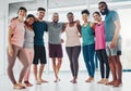 Fitness, yoga and portrait of people in class excited for pilates workout, exercise and training in gym. Sports club Royalty Free Stock Photo