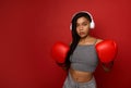 Fitness young African American woman boxer with fit body preparing for boxing training. Women self defense. Cardio training Royalty Free Stock Photo