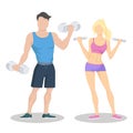 Fitness Young Sporty Couple With Dumbbells. Fit Couple. Workout Partners.