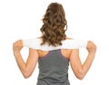 Fitness young woman with towel. rear view Royalty Free Stock Photo