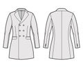 Fitted jacket double breasted suit technical fashion illustration with long sleeves, notched collar, fingertip length