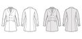 Fitted jacket double breasted suit technical fashion illustration with long sleeves, notched collar, fingertip length