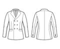 Fitted jacket suit technical fashion illustration with double breasted, notched lapel collar, flap pockets, hip length