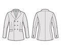 Fitted jacket suit technical fashion illustration with double breasted, notched lapel collar, flap pockets, hip length