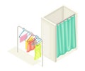 Fitting Room with Rack and Clothing on Hangers as Shopping and Retail Industry Isometric Vector Illustration