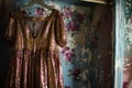 fitting room scene with a vintage sequined gown hanging