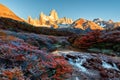 Fitz Roy mountain near El Chalten, in the Southern Patagonia, on the border between Argentina and Chile. Dawn view from the track. Royalty Free Stock Photo