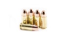 Five 9mm bullets on white Royalty Free Stock Photo