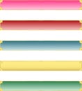 Five abstract blue red pink green colour banners with Golden metallic border and matching colour gemstone crystals