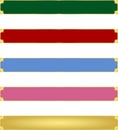 Five abstract blue red pink green colour banners with Golden metallic border and matching colour gemstone crystals