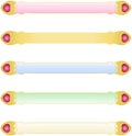 Five abstract blue red pink green colour banners with Golden metallic border and pink gemstone crystal hearts vector