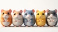 Five adorable cartoon hamsters in a row, different colors Royalty Free Stock Photo