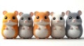 Five adorable cartoon hamsters in a row on white background Royalty Free Stock Photo