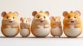 Five adorable cartoon hamsters of varying sizes standing in a row against a white background Royalty Free Stock Photo