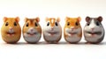 Five adorable hamsters sitting in a row against a white background Royalty Free Stock Photo