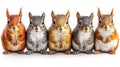 Five adorable squirrels in a row, sitting and facing forward on a white background Royalty Free Stock Photo