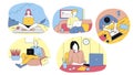 Five Adult Characters Working On Their Laptops From Different Places. Flat Style Vector Illustration With Outline