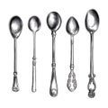 Five antique silver spoons illustration Royalty Free Stock Photo