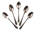 Five antique teaspoons Royalty Free Stock Photo