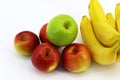 Five apples and four bananas placed on a white background Royalty Free Stock Photo