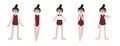 Five Asian girls in swimsuits. Calm standing poses: thumbs up, piece of paper in hands. Pale skin and dark hair. Vector