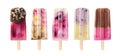 Five assorted fruit popsicles isolated on a white background Royalty Free Stock Photo