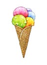 Five balls of multi-colored ice cream in a wafer cone isolated on a white background. Handwork sketch. Vectorillustration Royalty Free Stock Photo