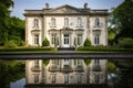 five-bay georgian stone facade reflected in a pond