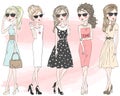 Five beautiful stylish cute cartoon fashion girls.