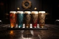 Five Beer Glasses With Foam Forming Intricate Patterns On The Surface Capturing. Generative AI Royalty Free Stock Photo