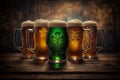 Five beer mug of green Irish beer in pub. St. Patrick's day concept. Ai generative