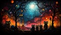 The five black cats in a mysterious forest on halloween night, Generative AI Royalty Free Stock Photo