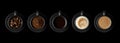 Five black cups of coffee with different coffees Royalty Free Stock Photo