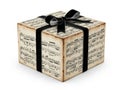 Vintage Sheet Music Wrapped Gift Box with Black Ribbon Isolated on White Background Royalty Free Stock Photo