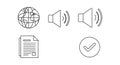 Five black and white line icons on a white background. The first icon is a globe with Royalty Free Stock Photo