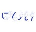 Five blue hands showing different signs. Various hand gestures thumbs up, pointing, open hand. Communication concept and