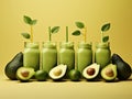 Five bottles of avocado smoothies on a green background