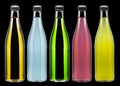 Bottles with soda drinks from agave, guava, pear, lime and tarragon Royalty Free Stock Photo