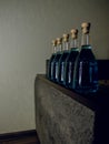 Five bottles filled with a drink, prepared for a party Royalty Free Stock Photo