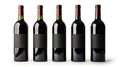 Five bottles of red wine isolated on white created with Generative AI. Elegant wine bottles.