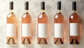 Five bottles of refreshing rose wine are neatly lined up in a straight row for display Royalty Free Stock Photo