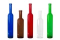 Five bottles in two different sizes and five colors, blue, red, brown, white and green