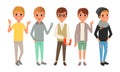 Five Boys Dressed in Trendy Clothes Standing Together, Group of Friends Characters Cartoon Style Vector Illustration